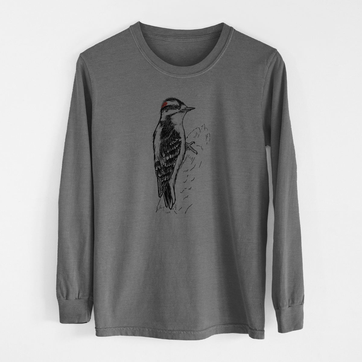 Downy Woodpecker - Picoides pubescens - Men&#39;s Heavyweight 100% Cotton Long Sleeve