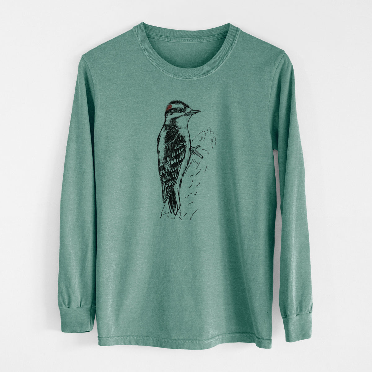 Downy Woodpecker - Picoides pubescens - Men&#39;s Heavyweight 100% Cotton Long Sleeve