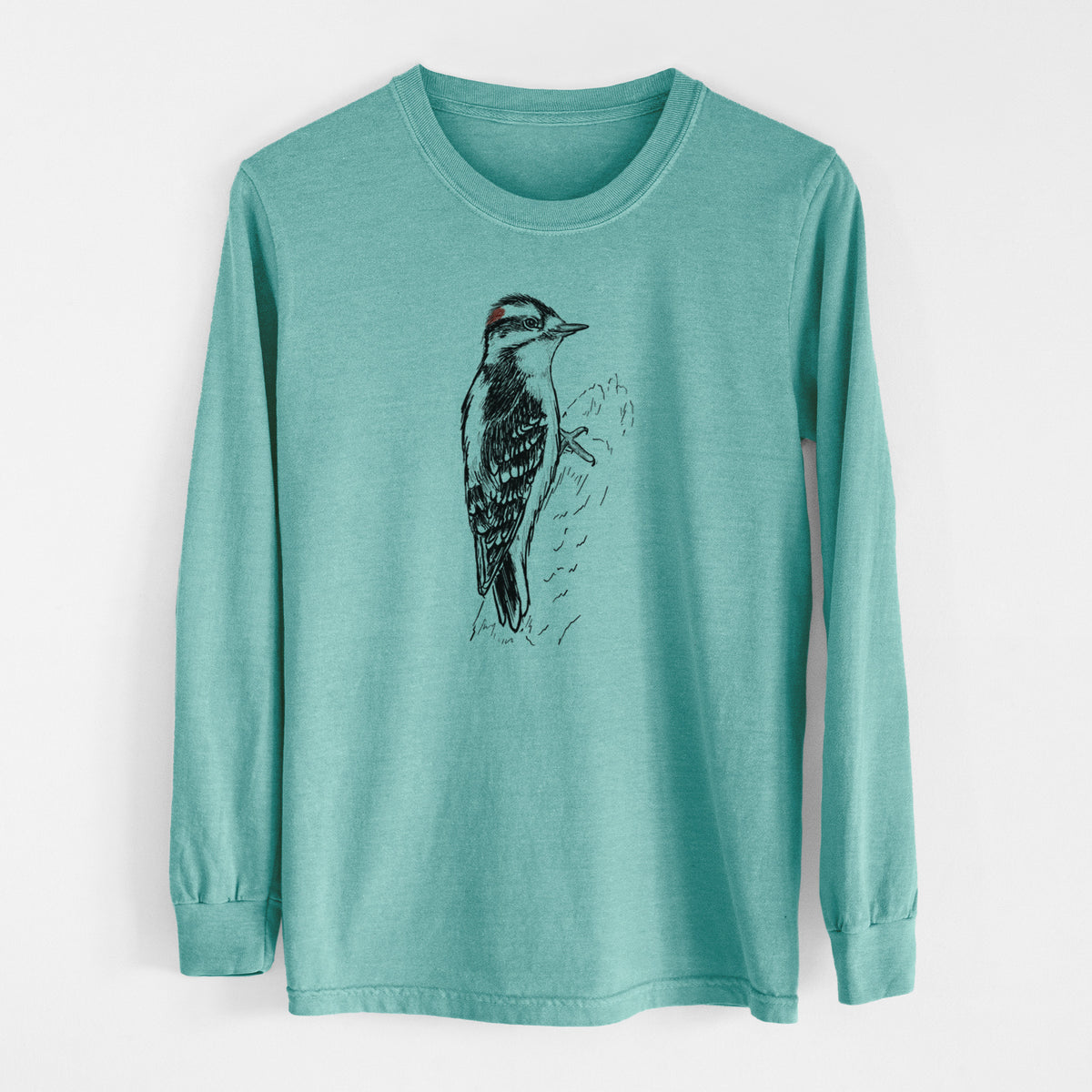 Downy Woodpecker - Picoides pubescens - Men&#39;s Heavyweight 100% Cotton Long Sleeve