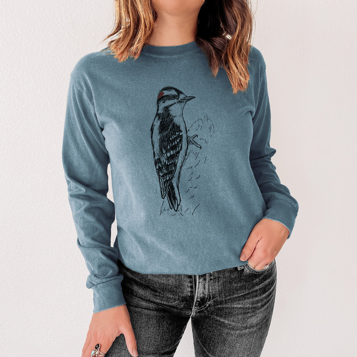 Downy Woodpecker - Picoides pubescens - Unisex Comfort Colors 100% Cotton Long Sleeve