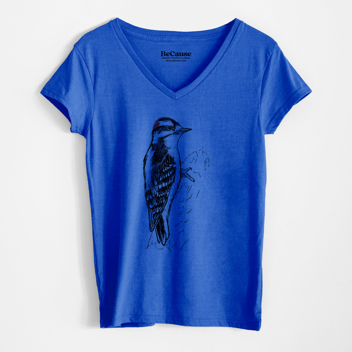 Downy Woodpecker - Picoides pubescens - Women&#39;s 100% Recycled V-neck