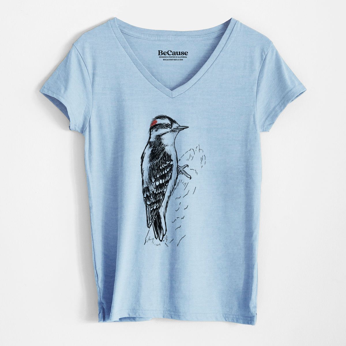 Downy Woodpecker - Picoides pubescens - Women&#39;s 100% Recycled V-neck