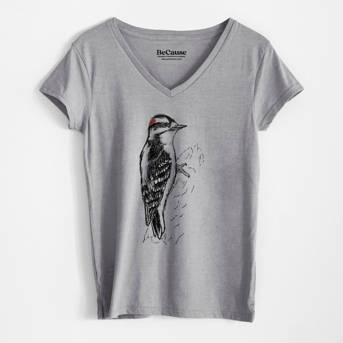 Downy Woodpecker - Picoides pubescens - Women&#39;s 100% Recycled V-neck