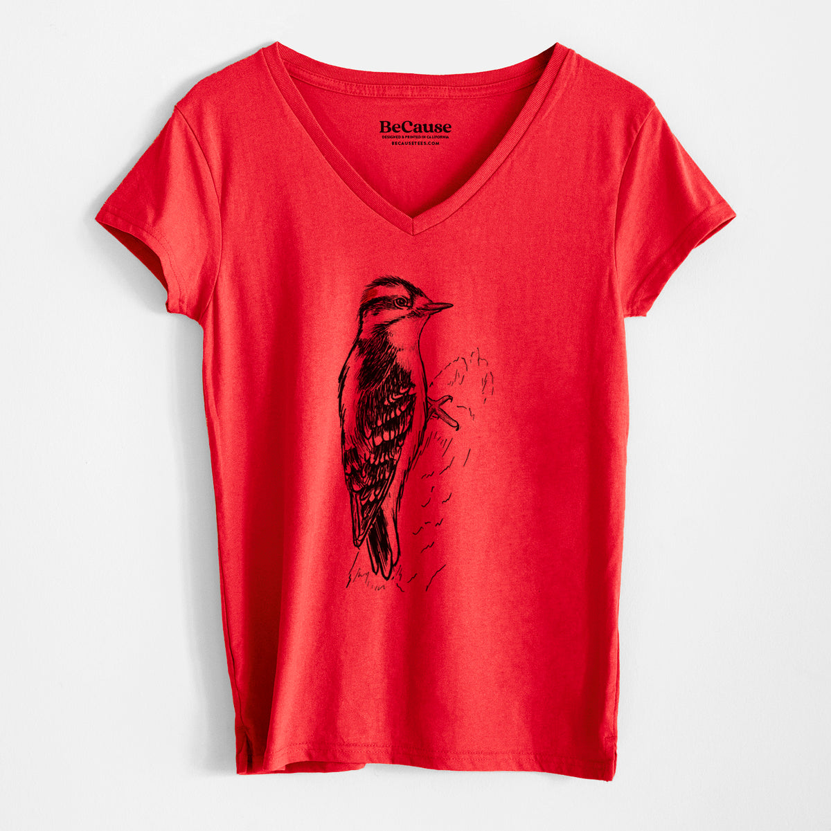 Downy Woodpecker - Picoides pubescens - Women&#39;s 100% Recycled V-neck