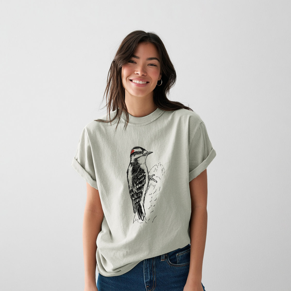Downy Woodpecker - Picoides pubescens - Heavyweight Men&#39;s 100% Organic Cotton Tee