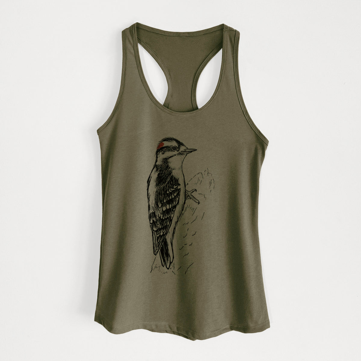 Downy Woodpecker - Picoides pubescens - Women&#39;s Racerback Tanktop