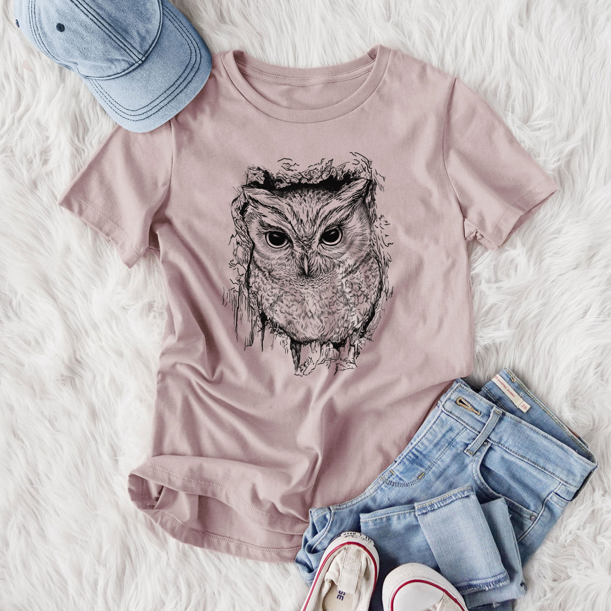 Eastern Screech Owl - Megascops asio - Women's Lightweight Relaxed Fit 100% Cotton Crewneck