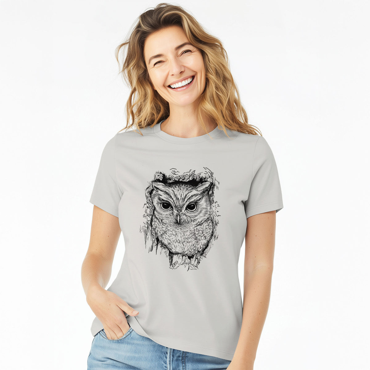 Eastern Screech Owl - Megascops asio - Women's Lightweight Relaxed Fit 100% Cotton Crewneck