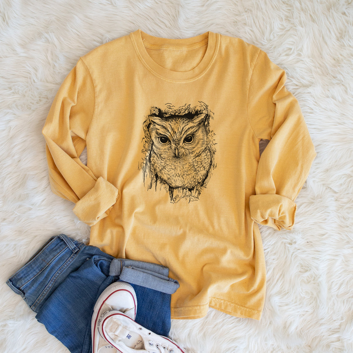 Eastern Screech Owl - Megascops asio - Unisex Comfort Colors 100% Cotton Long Sleeve
