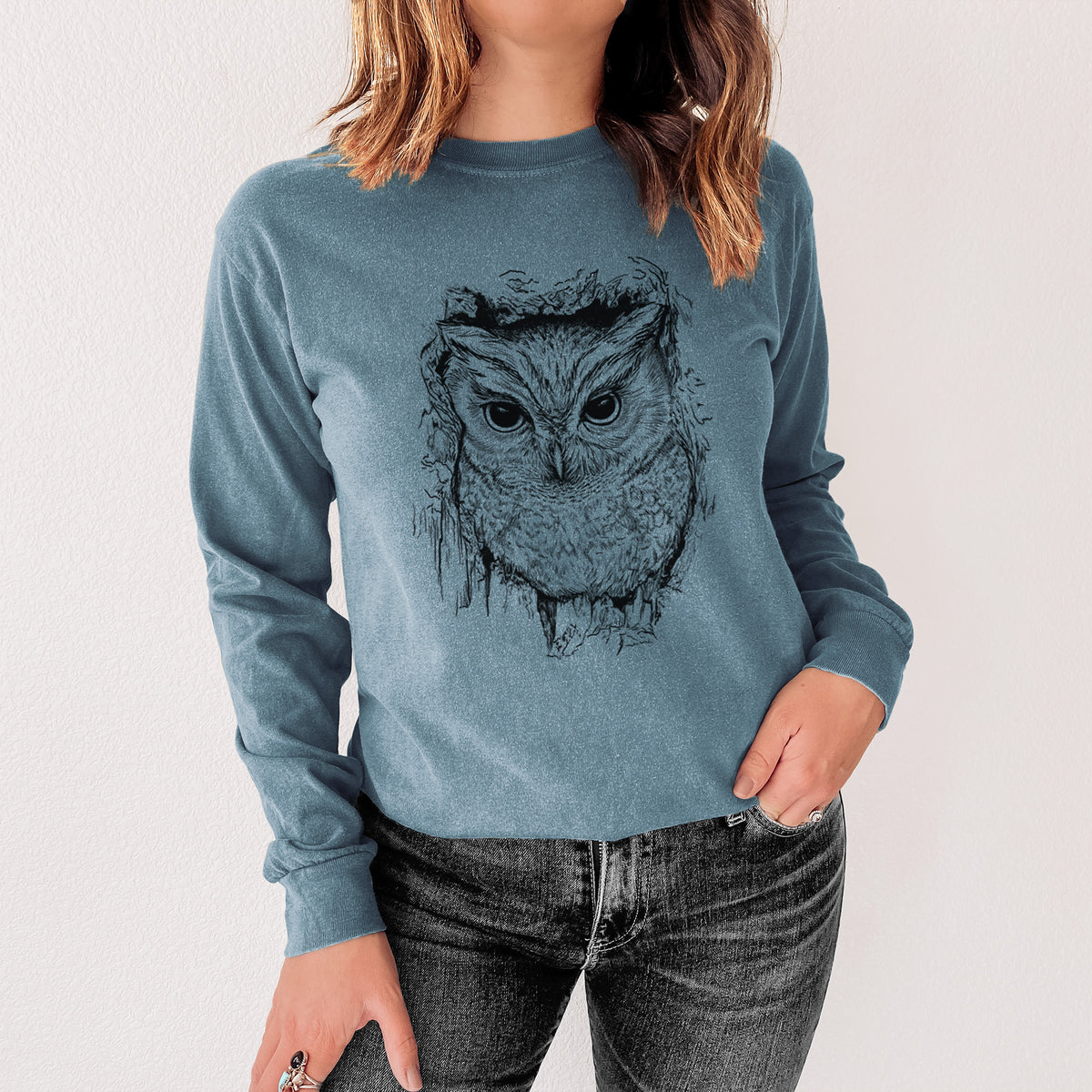 Eastern Screech Owl - Megascops asio - Unisex Comfort Colors 100% Cotton Long Sleeve