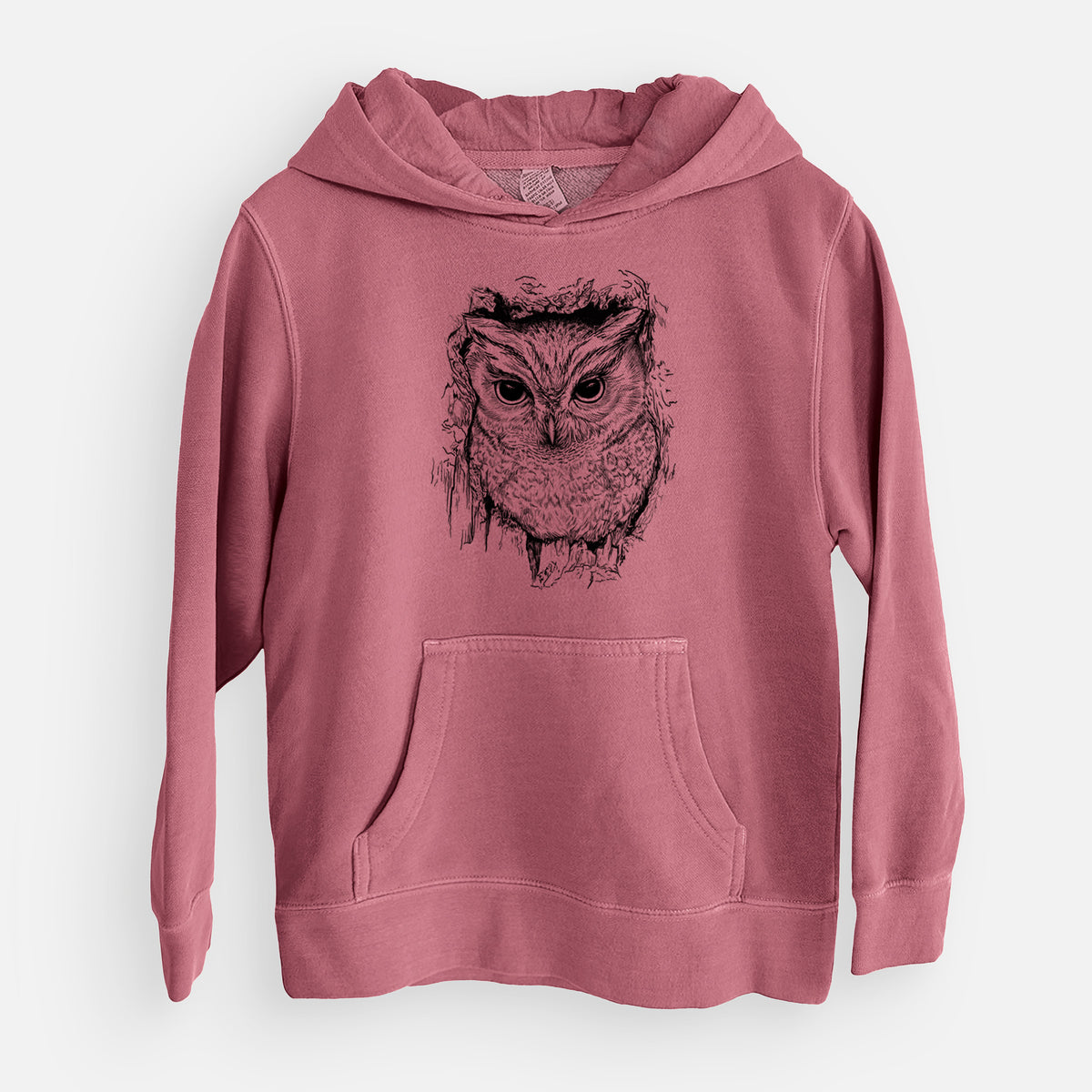Eastern Screech Owl - Megascops asio - Youth Pigment Dyed Hoodie