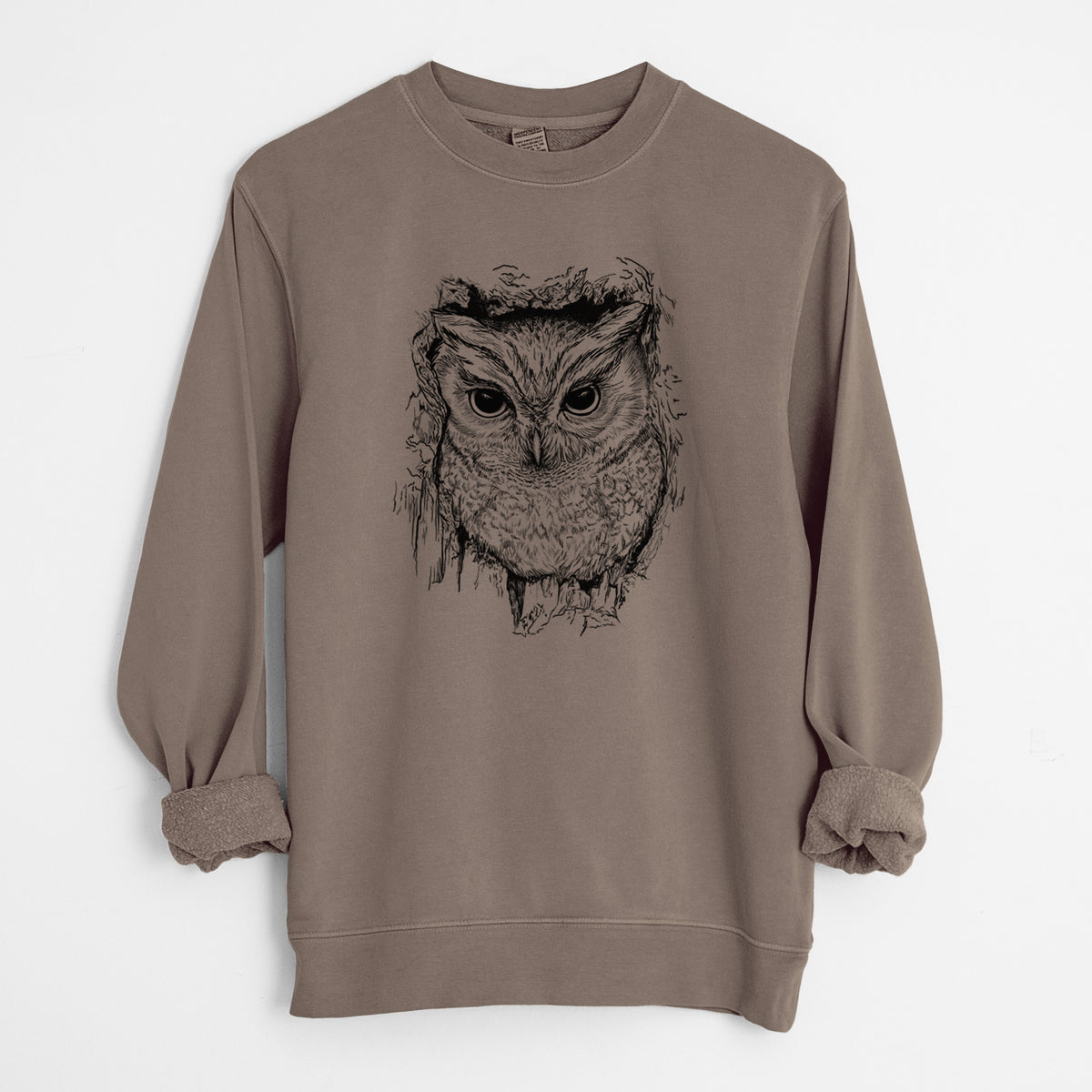 Eastern Screech Owl - Megascops asio - Unisex Pigment Dyed Crew Sweatshirt in Espresso Brown Color