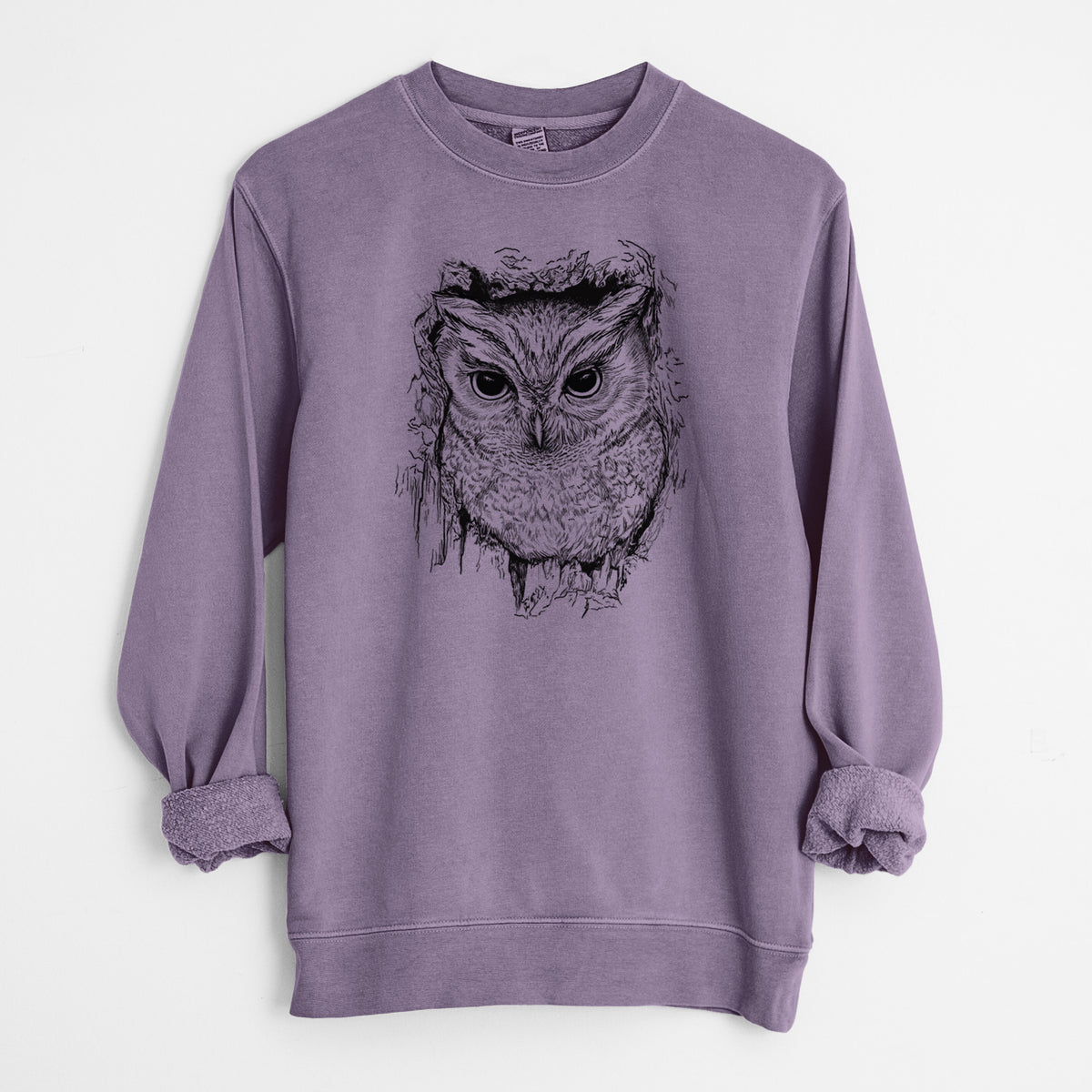 Eastern Screech Owl - Megascops asio - Unisex Pigment Dyed Crew Sweatshirt