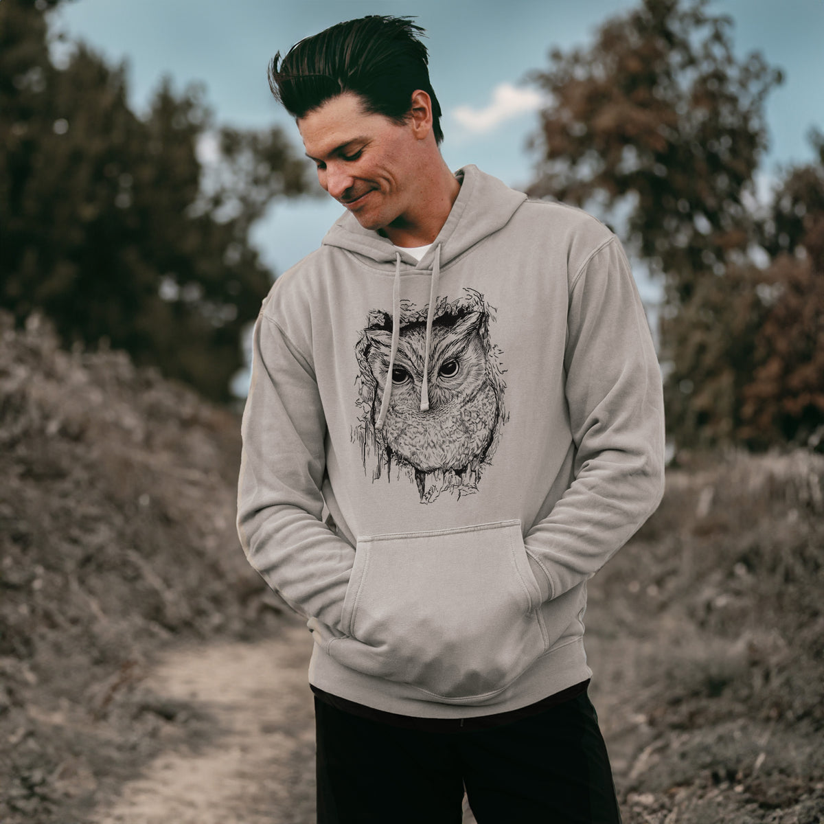 Eastern Screech Owl - Megascops asio - Unisex Pigment Dyed Hoodie