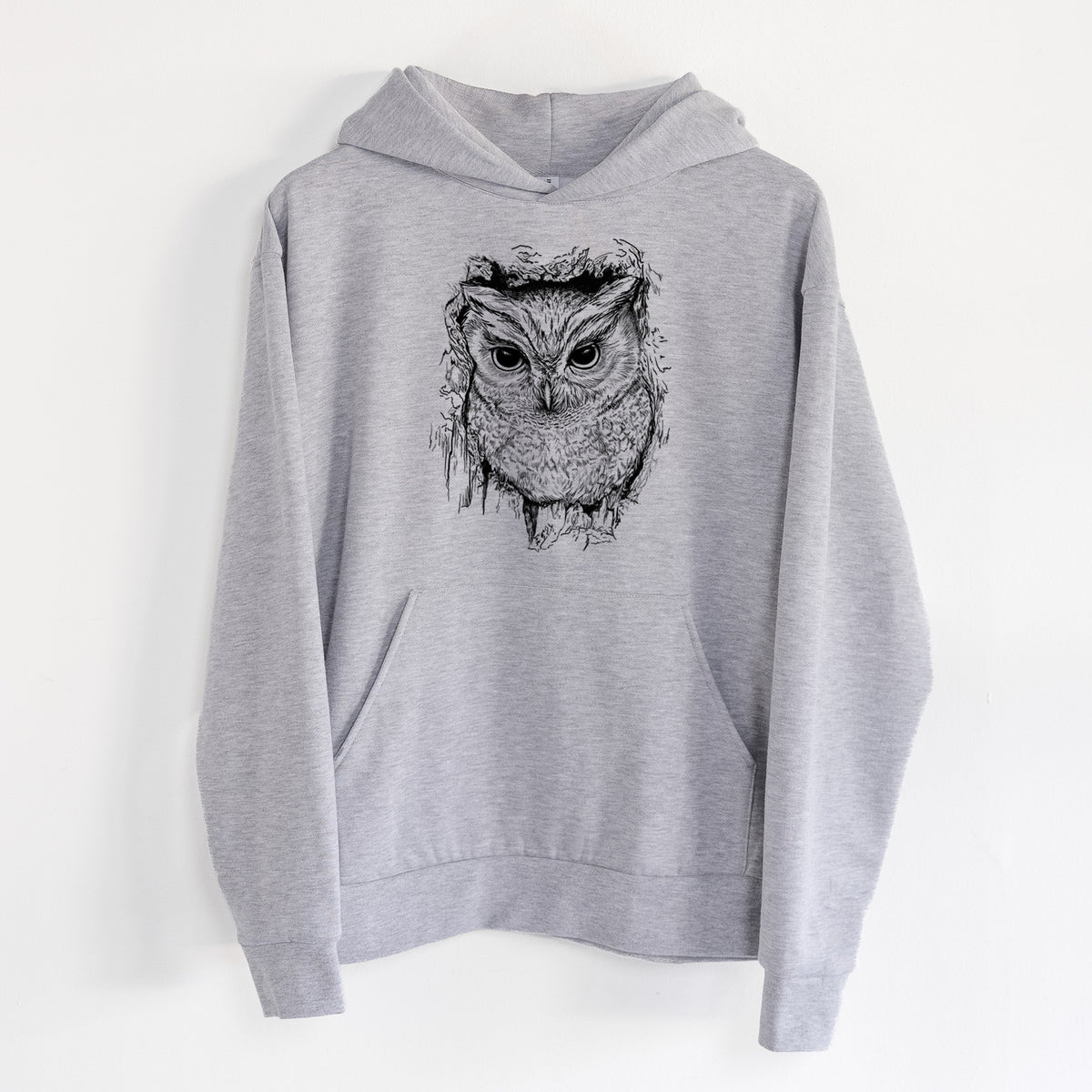 Eastern Screech Owl - Megascops asio - Statement Midweight Hoodie in Heather Grey, hanging on a white wall, with a front kangaroo pocket and no drawcords.