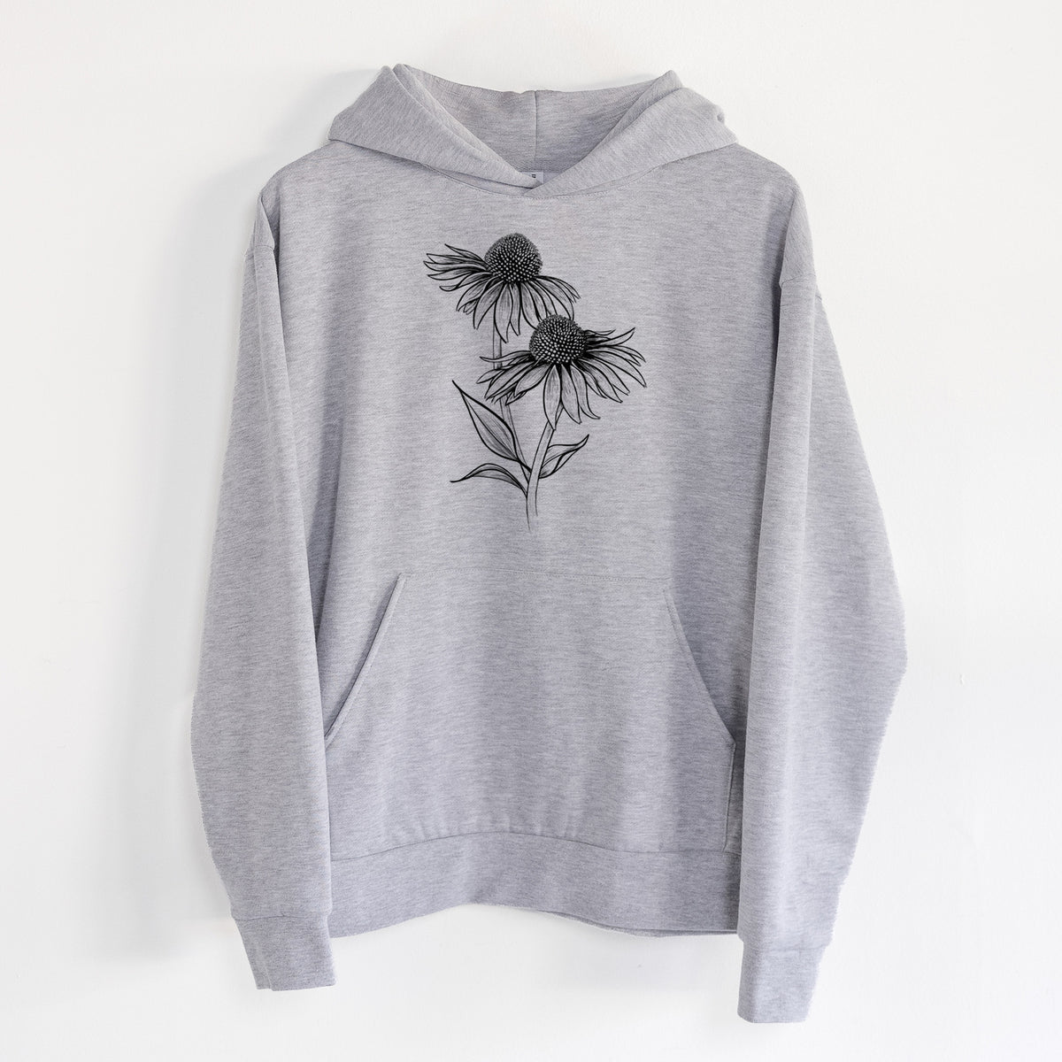 Coneflower - Echinacea purpurea - Statement Midweight Hoodie in Heather Grey, hanging on a white wall, with a front kangaroo pocket and no drawcords.