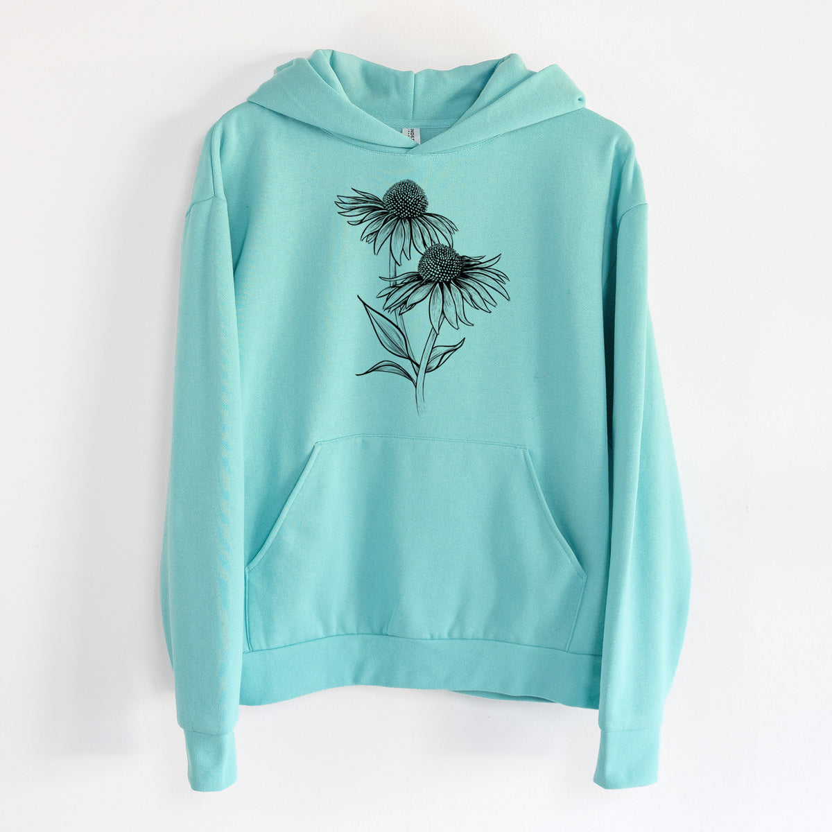 Coneflower - Echinacea purpurea - Statement Midweight Hoodie in Seafoam, hanging on a white wall, with a front kangaroo pocket and no drawcords.