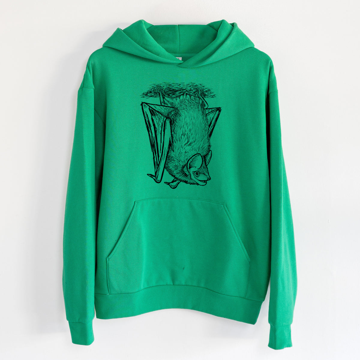 Eptesicus fuscus - Big Brown Bat - Statement Midweight Hoodie in Kelly Green, hanging on a white wall, with a front kangaroo pocket and no drawcords.