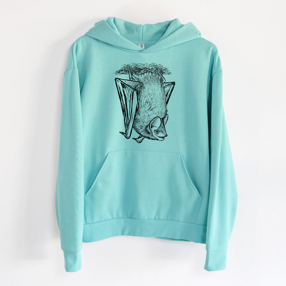 Eptesicus fuscus - Big Brown Bat - Statement Midweight Hoodie in Seafoam, hanging on a white wall, with a front kangaroo pocket and no drawcords.