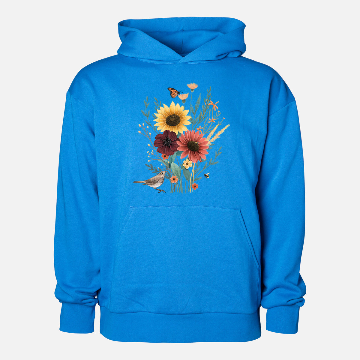 Fall Bouquet - Statement Midweight Hoodie in Azure Blue, shown from the front with the design printed on the chest above a front kangaroo pocket.
