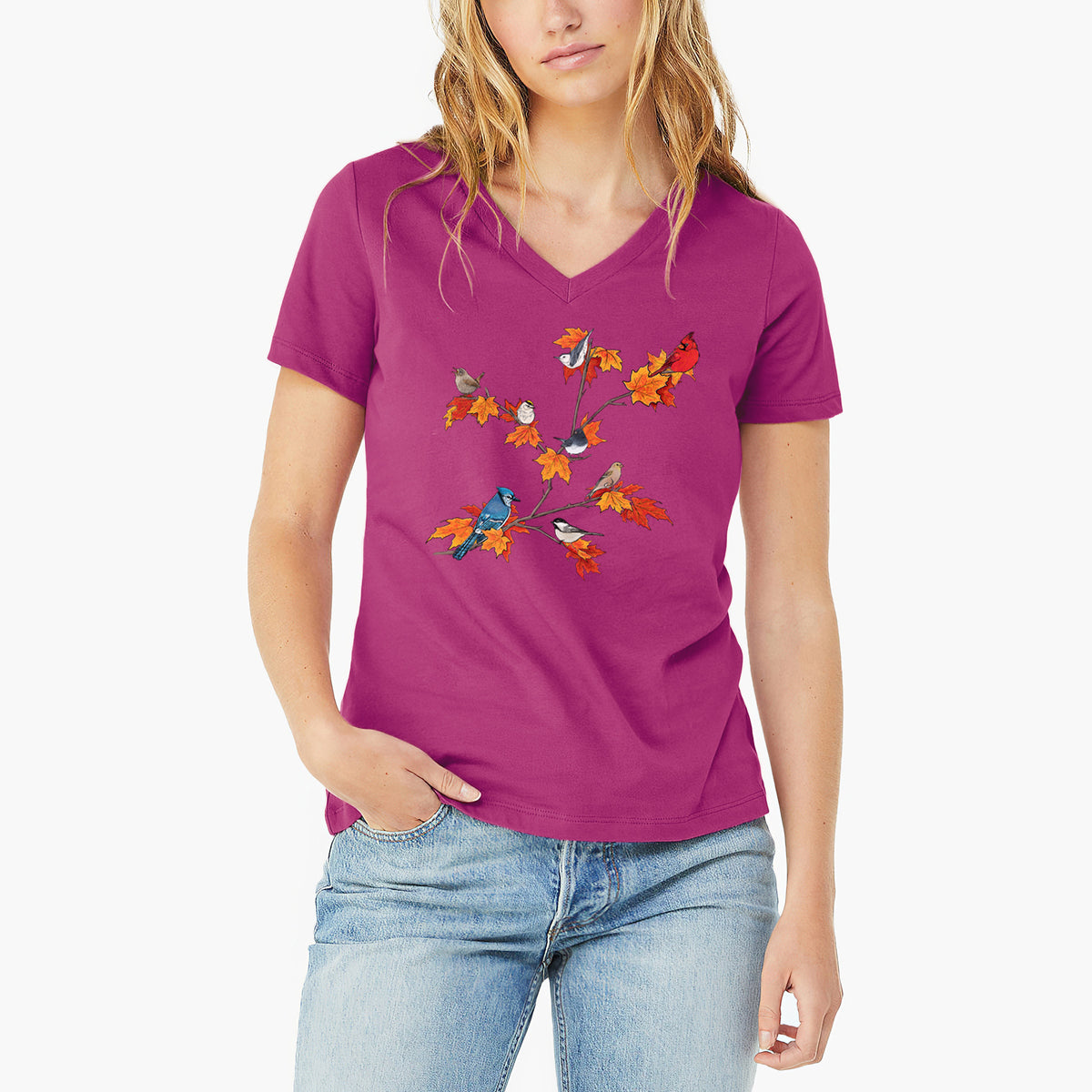 Autumn Backyard Birds - Women's Lightweight Relaxed Fit 100% Cotton V-neck