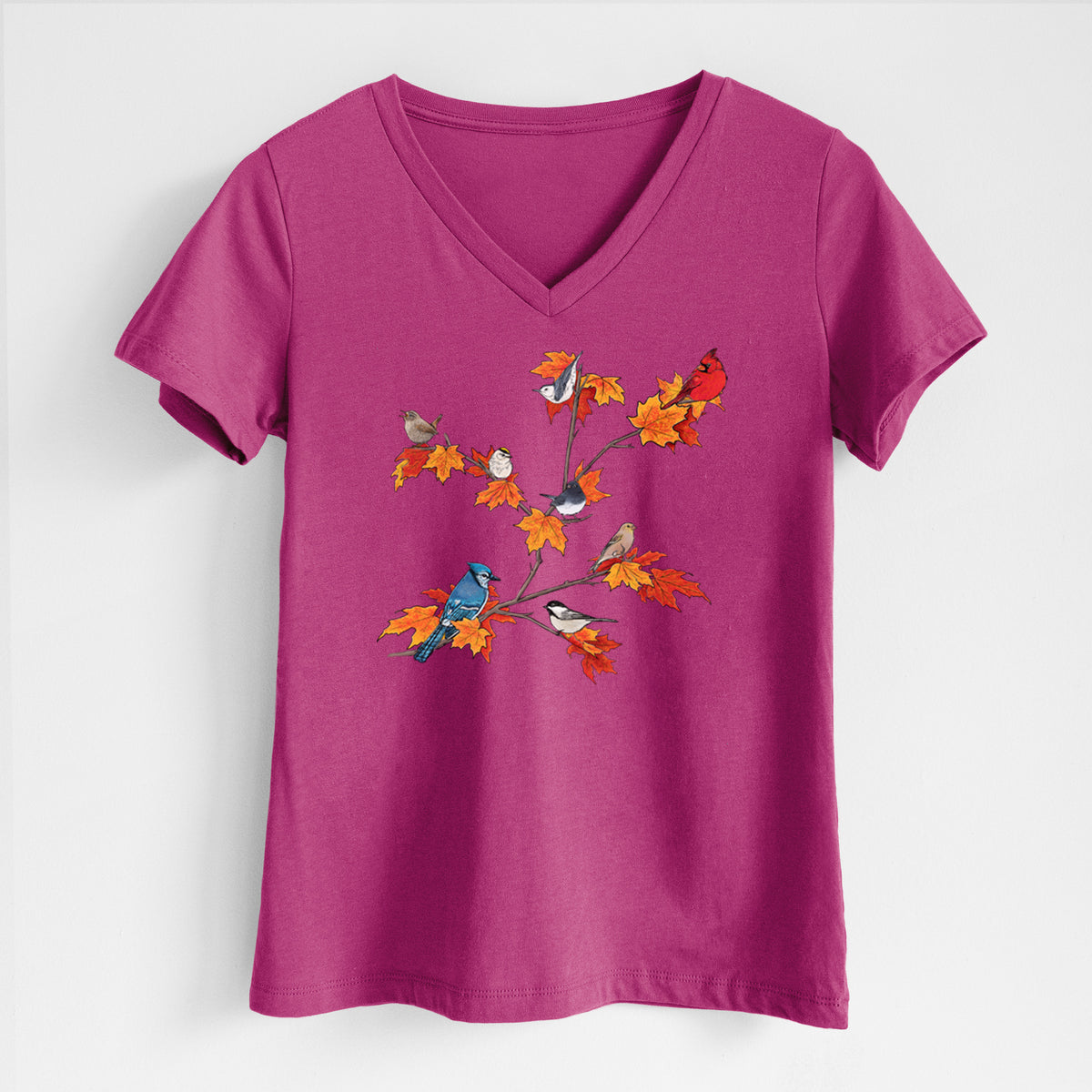 Autumn Backyard Birds - Women's Lightweight Relaxed Fit 100% Cotton V-neck