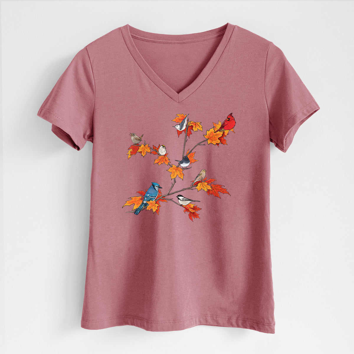 Autumn Backyard Birds - Women's Lightweight Relaxed Fit 100% Cotton V-neck