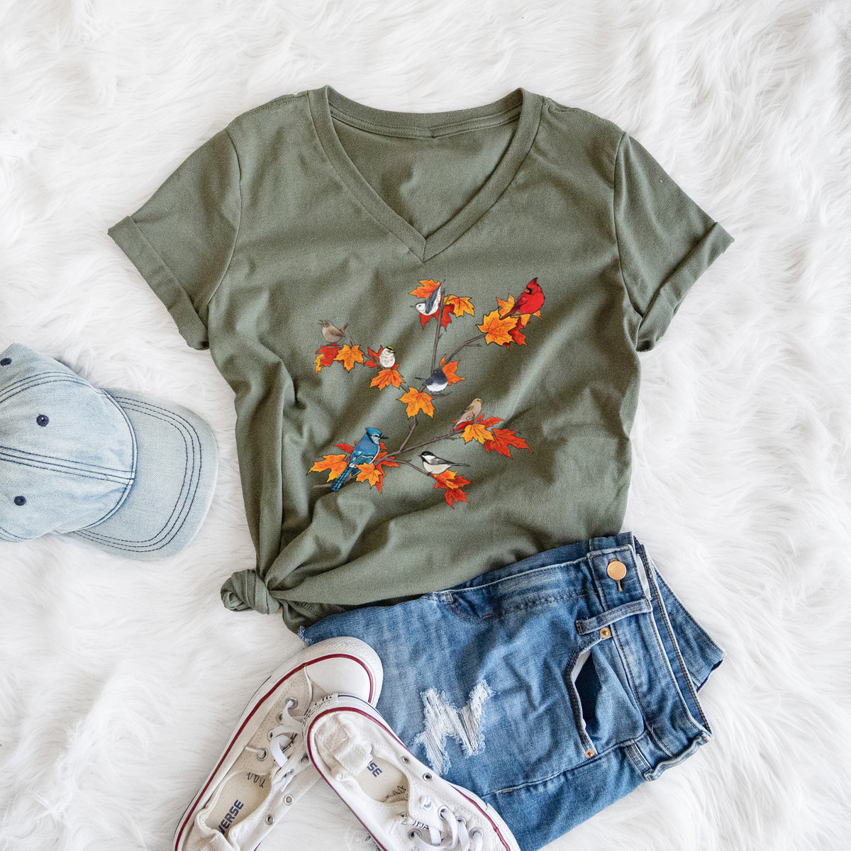 Autumn Backyard Birds - Women's Lightweight Relaxed Fit 100% Cotton V-neck