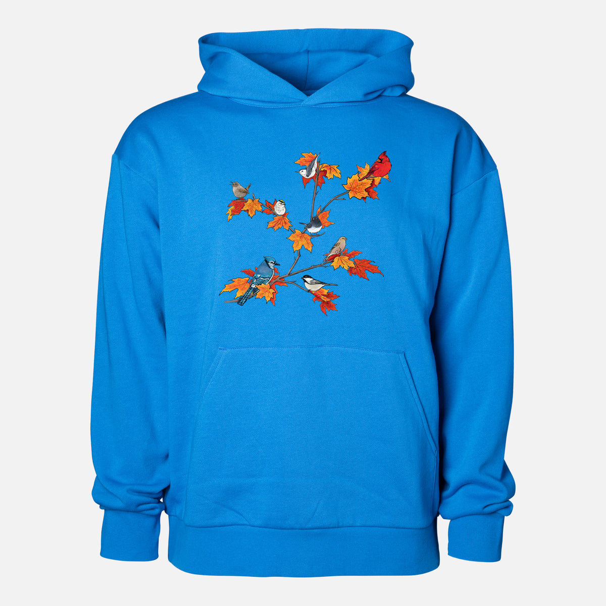 Autumn Backyard Birds - Statement Midweight Hoodie in Azure Blue, shown from the front with the design printed on the chest above a front kangaroo pocket.