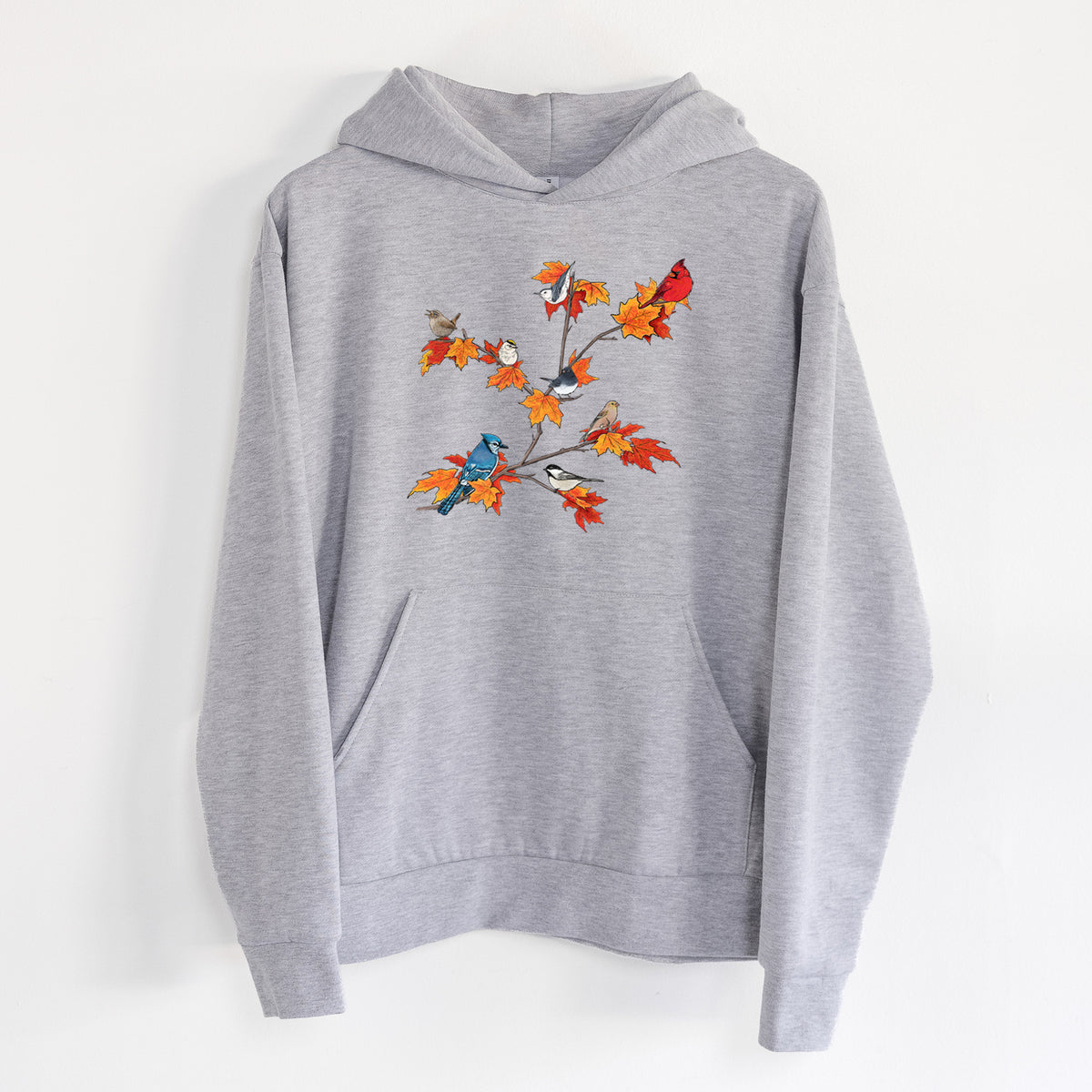 Autumn Backyard Birds - Statement Midweight Hoodie in Heather Grey, hanging on a white wall, with a front kangaroo pocket and no drawcords.