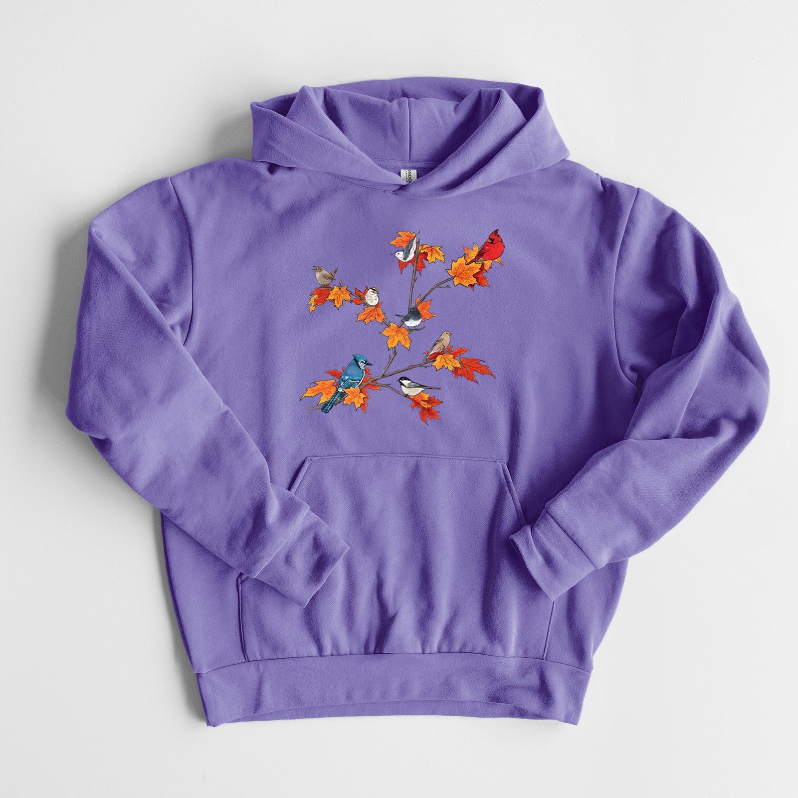 Autumn Backyard Birds - Statement Midweight Hoodie in Violet, laid flat, showing the oversized boxy fit and front kangaroo pocket.