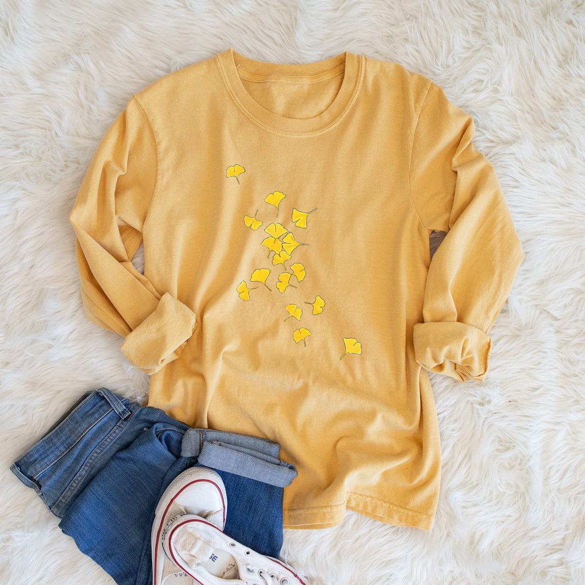 Falling Ginkgo Leaves - Men&#39;s Heavyweight 100% Cotton Long Sleeve
