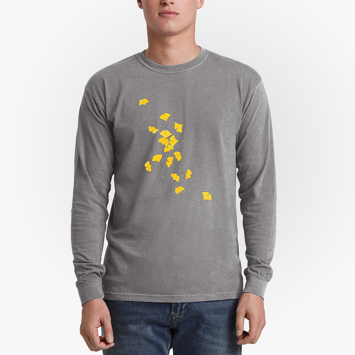 Falling Ginkgo Leaves - Men&#39;s Heavyweight 100% Cotton Long Sleeve