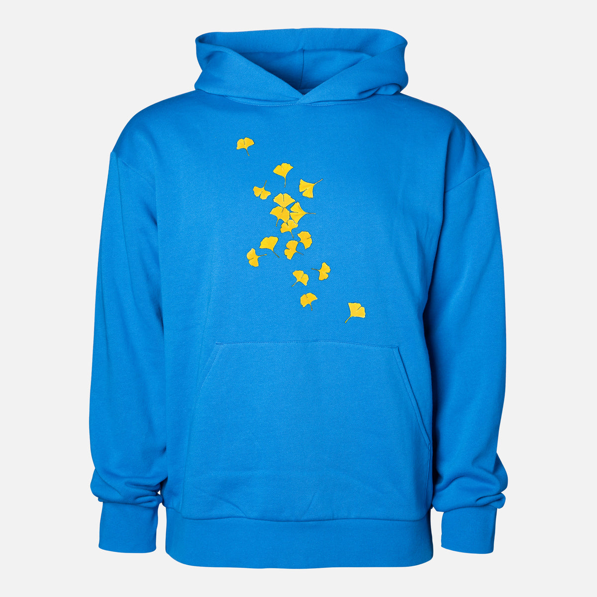 Falling Ginkgo Leaves - Statement Midweight Hoodie in Azure Blue, shown from the front with the design printed on the chest above a front kangaroo pocket.