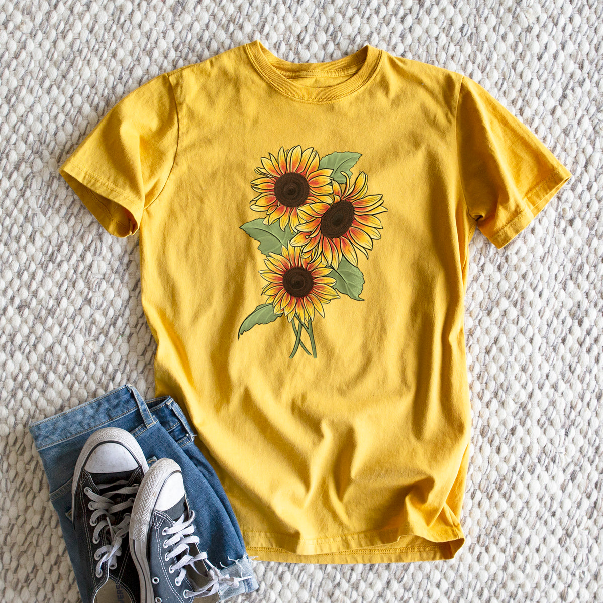 Firecracker Sunflowers - Helianthus annuus - Heavyweight Men&#39;s 100% Organic Cotton Tee