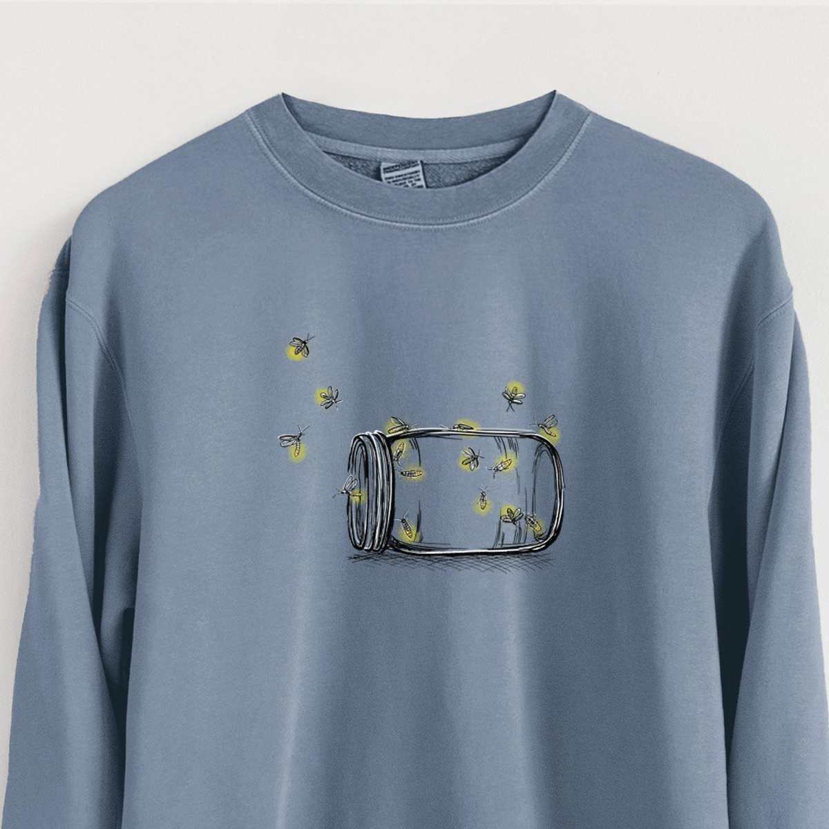 Close-up of Summer Fireflies - Unisex Pigment Dyed Crew Sweatshirt in Slate Blue