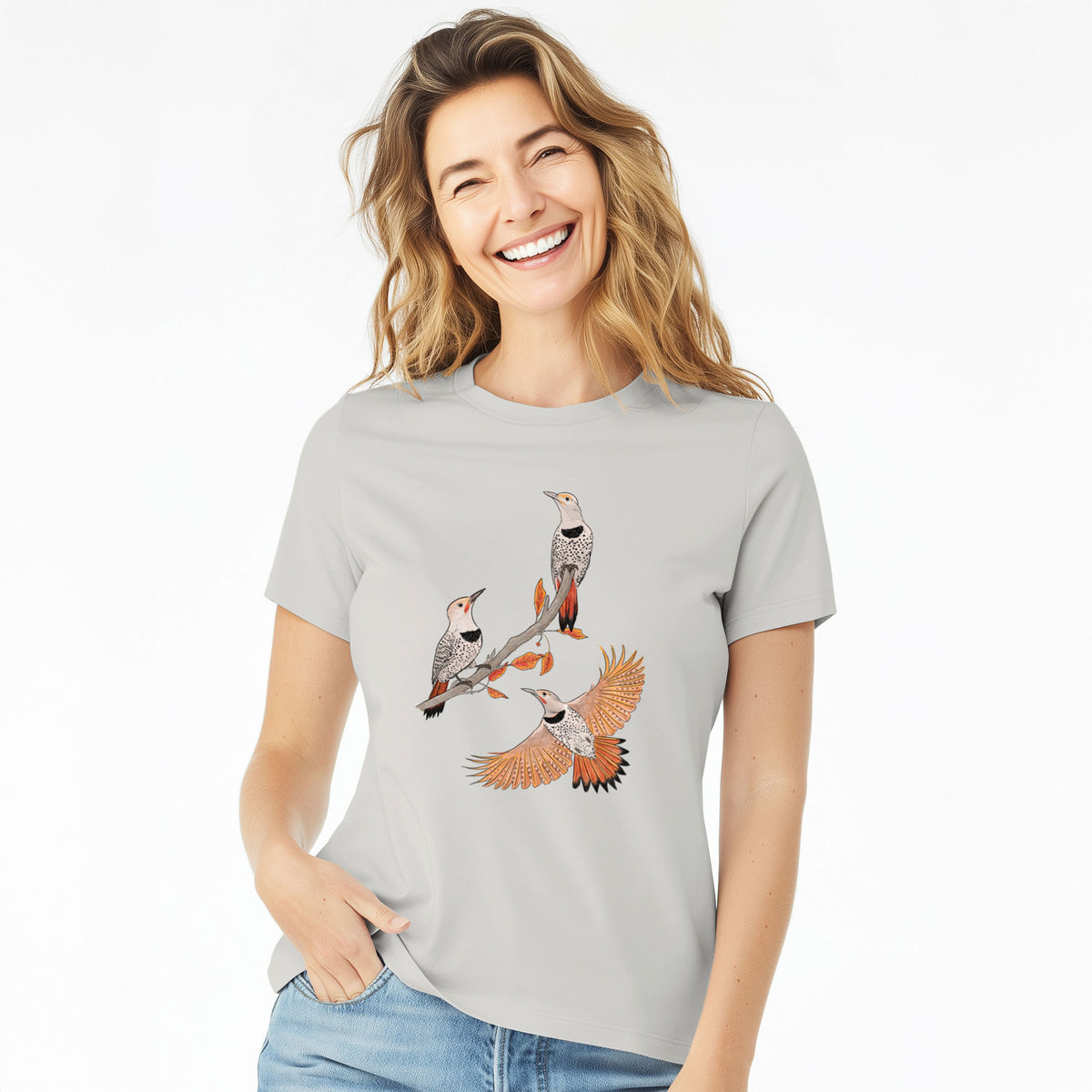 Northern Flickers (Red-shafted) - Colaptes auratus - Women's Lightweight Relaxed Fit 100% Cotton Crewneck