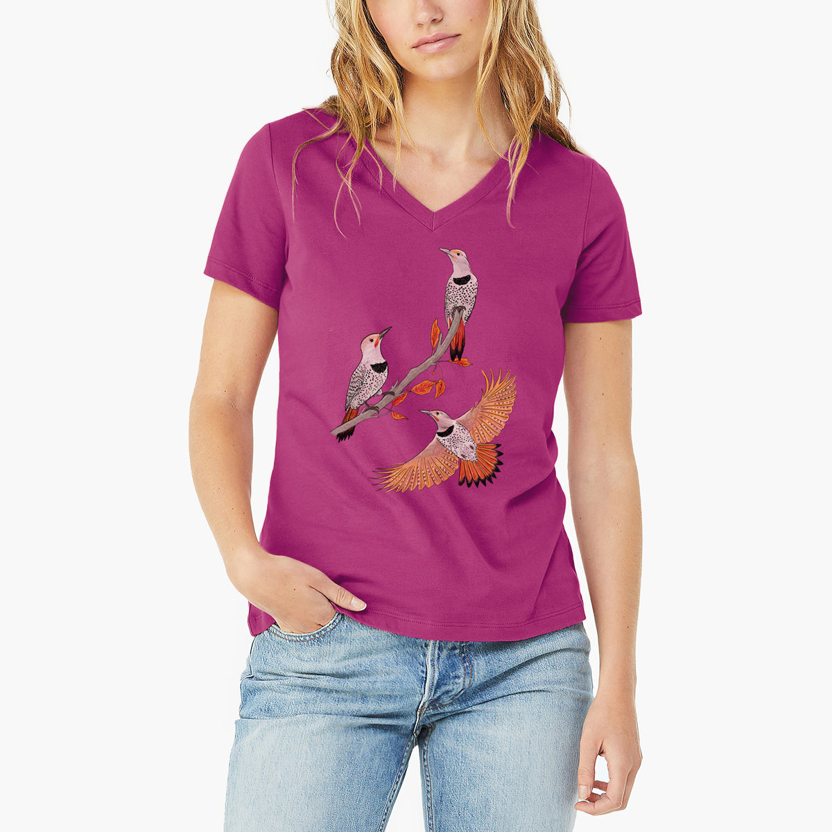 Northern Flickers (Red-shafted) - Colaptes auratus - Women's Lightweight Relaxed Fit 100% Cotton V-neck