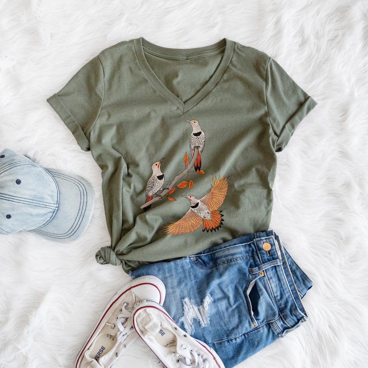 Northern Flickers (Red-shafted) - Colaptes auratus - Women's Lightweight Relaxed Fit 100% Cotton V-neck