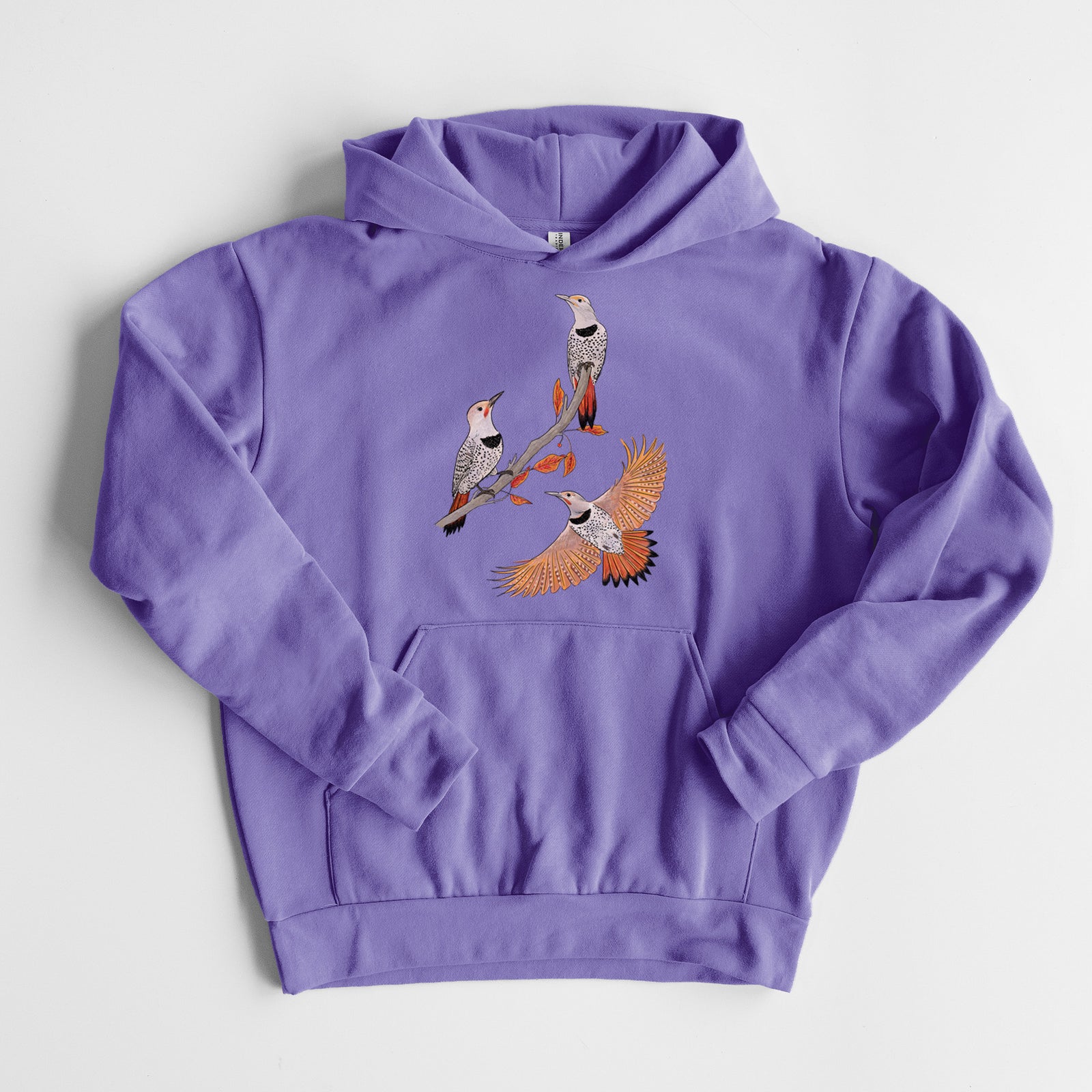 Northern Flickers (Red-shafted) - Colaptes auratus - Statement Midweight Hoodie in Violet, laid flat, showing the oversized boxy fit and front kangaroo pocket.
