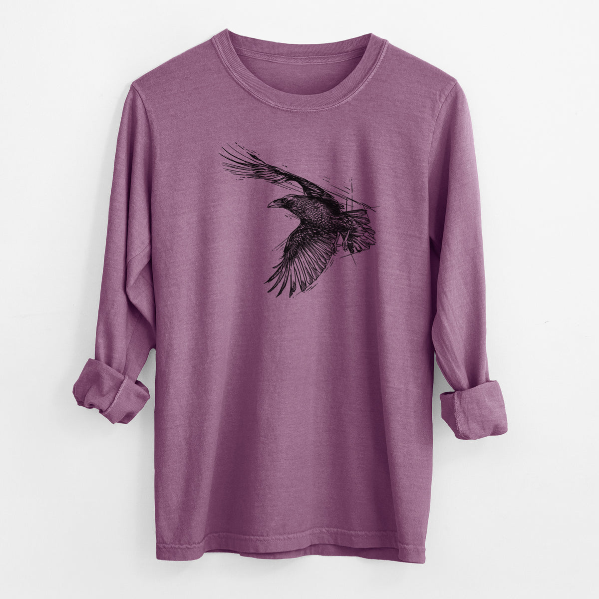 Flying Raven - Corvus corax - Men&#39;s Heavyweight 100% Cotton Long Sleeve