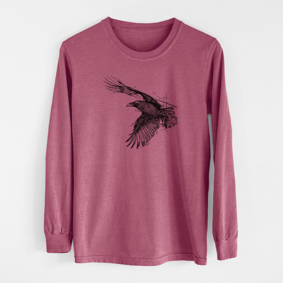 Flying Raven - Corvus corax - Men&#39;s Heavyweight 100% Cotton Long Sleeve