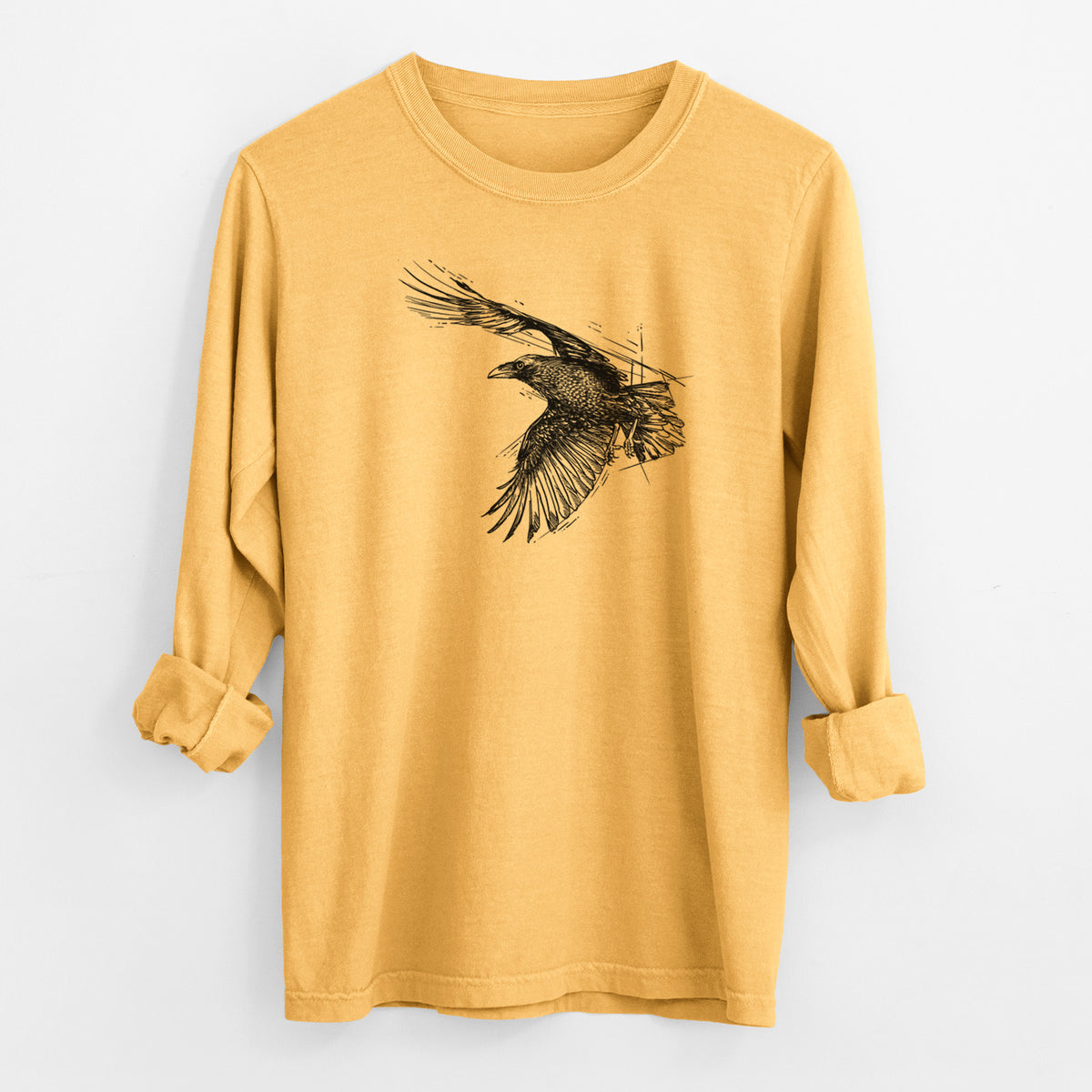 Flying Raven - Corvus corax - Men&#39;s Heavyweight 100% Cotton Long Sleeve