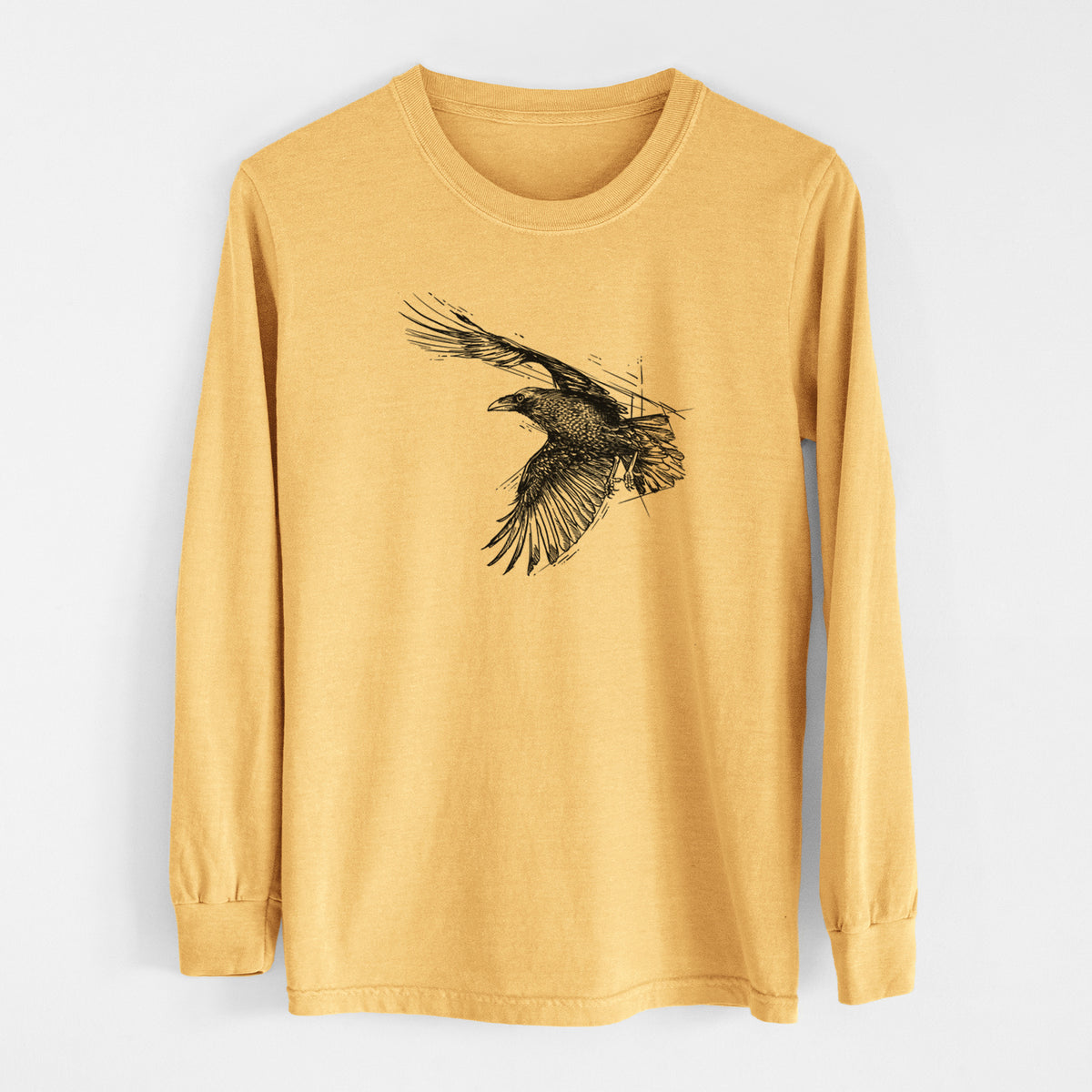 Flying Raven - Corvus corax - Men&#39;s Heavyweight 100% Cotton Long Sleeve