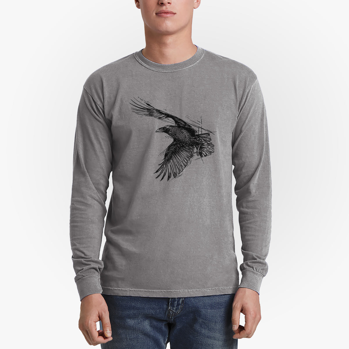 Flying Raven - Corvus corax - Men&#39;s Heavyweight 100% Cotton Long Sleeve