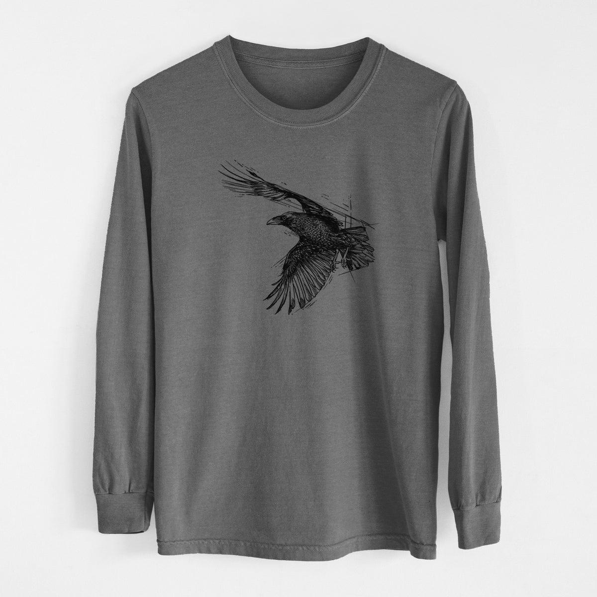 Flying Raven - Corvus corax - Men&#39;s Heavyweight 100% Cotton Long Sleeve