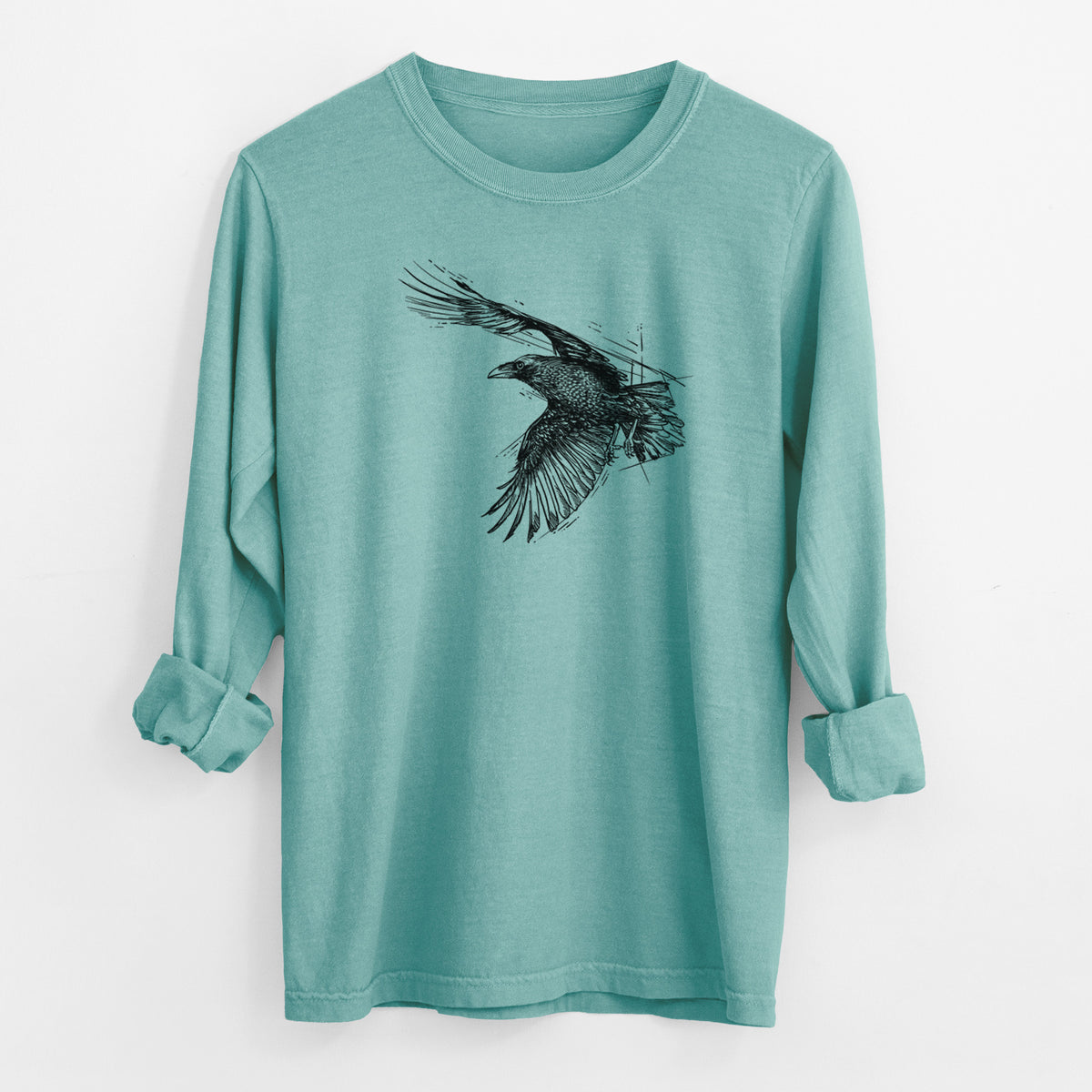 Flying Raven - Corvus corax - Men&#39;s Heavyweight 100% Cotton Long Sleeve