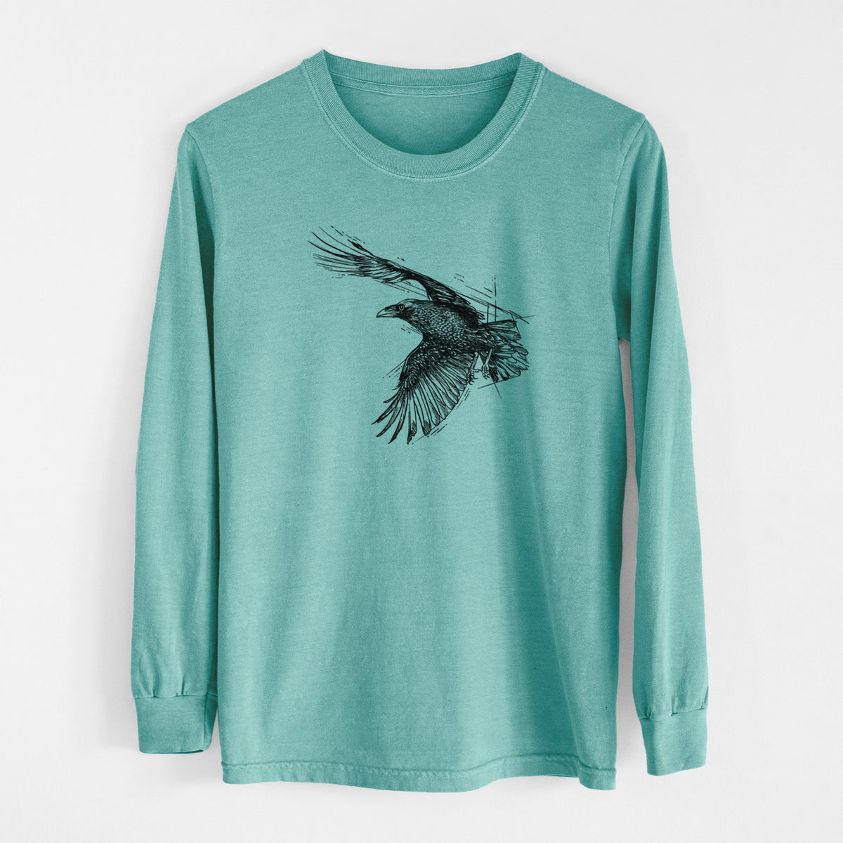 Flying Raven - Corvus corax - Men&#39;s Heavyweight 100% Cotton Long Sleeve