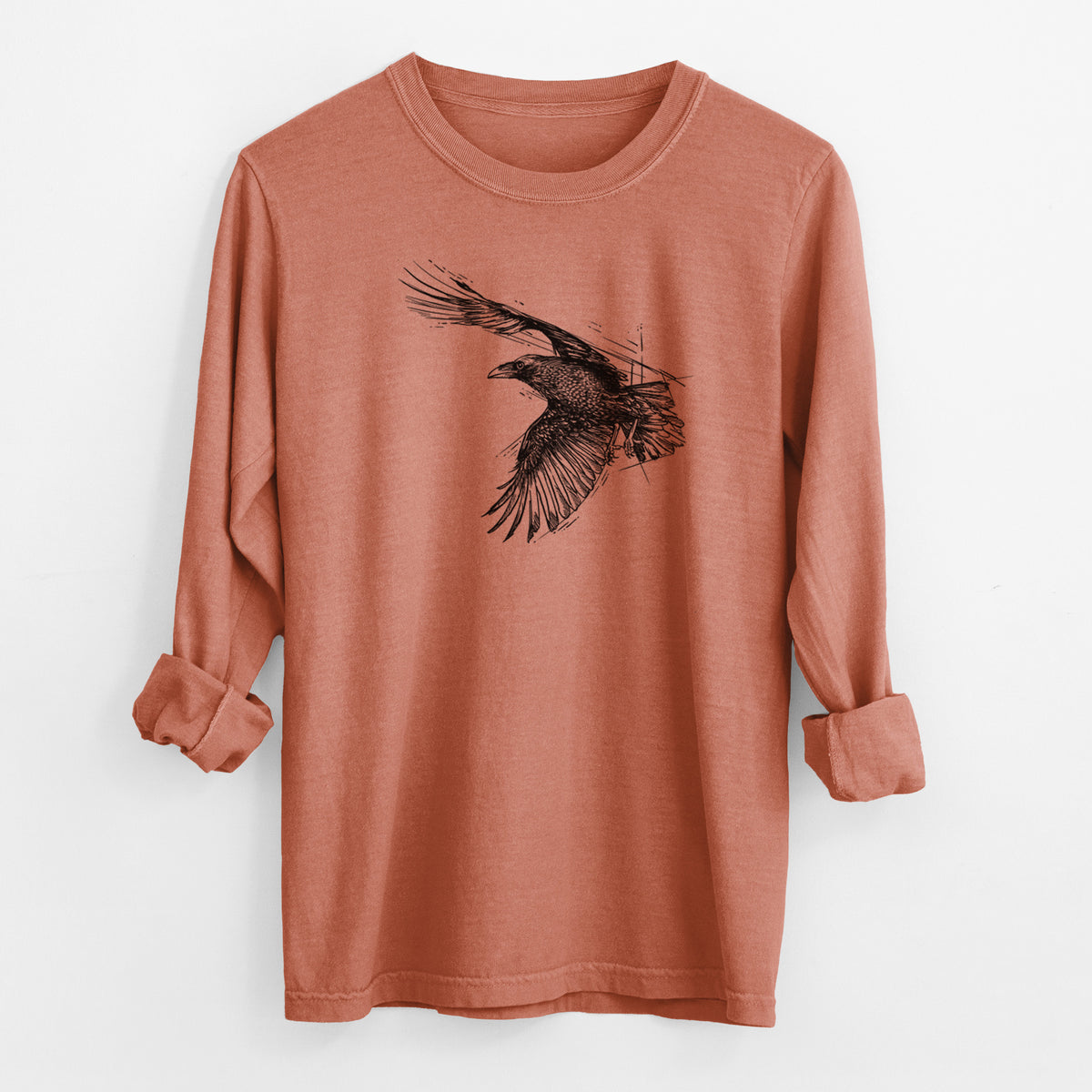 Flying Raven - Corvus corax - Men&#39;s Heavyweight 100% Cotton Long Sleeve