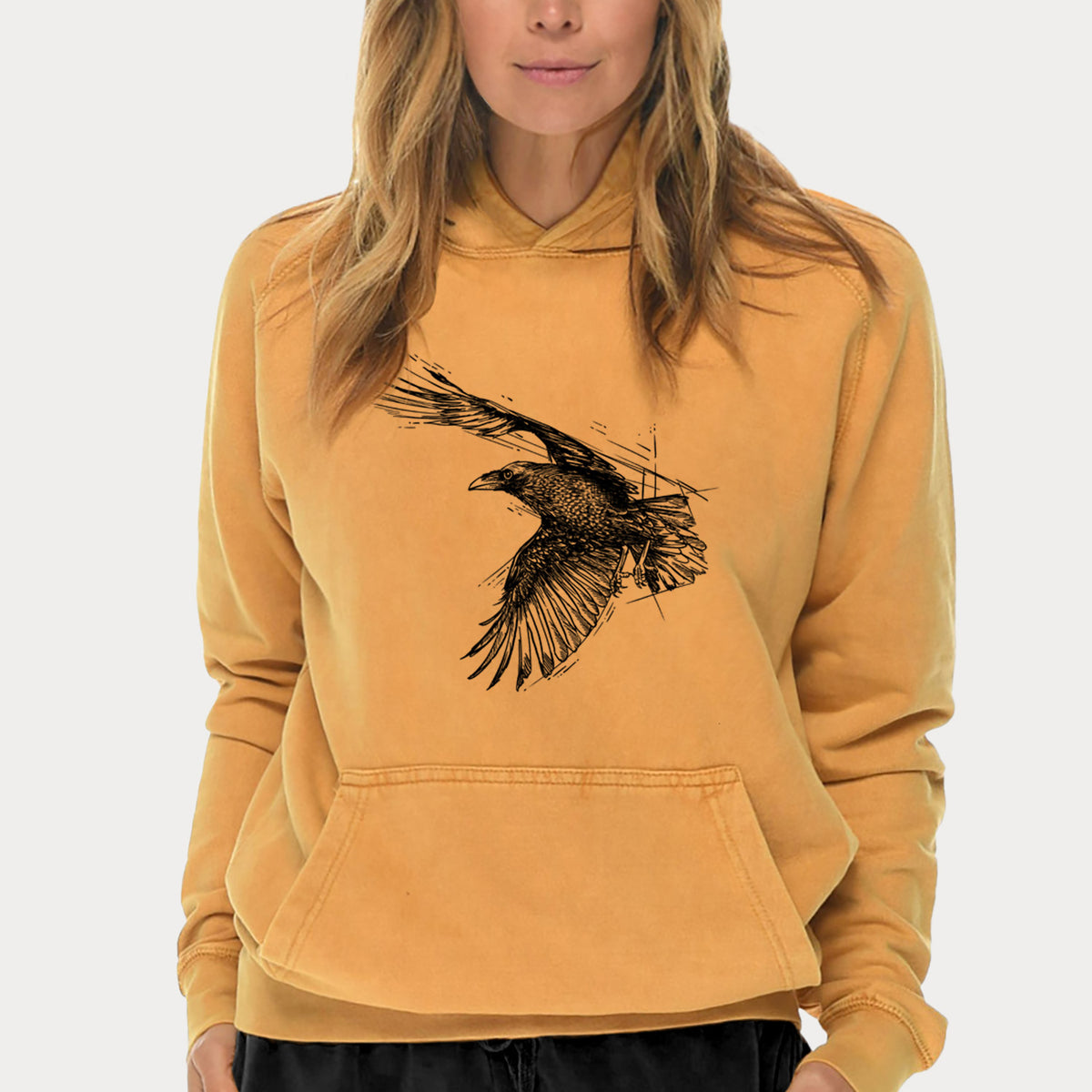 Flying Raven - Corvus corax  - Mid-Weight Unisex Vintage 100% Cotton Hoodie